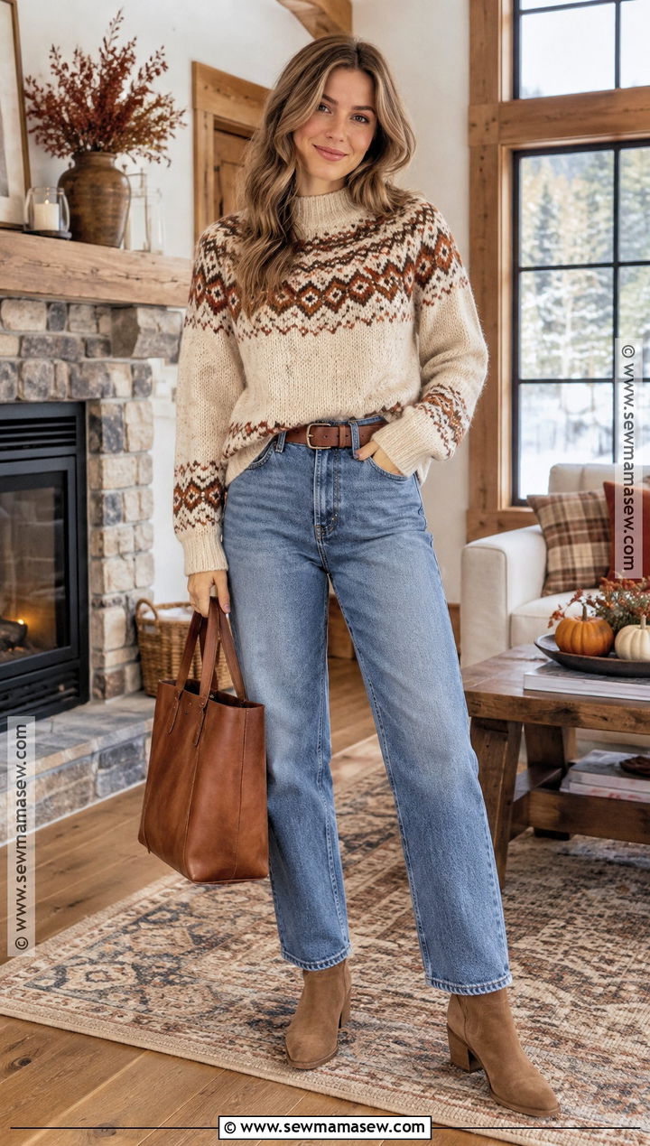 Fair Isle Sweater And Relaxed Jeans Thanksgiving Outfit - 20 Jeans Thanksgiving Outfit