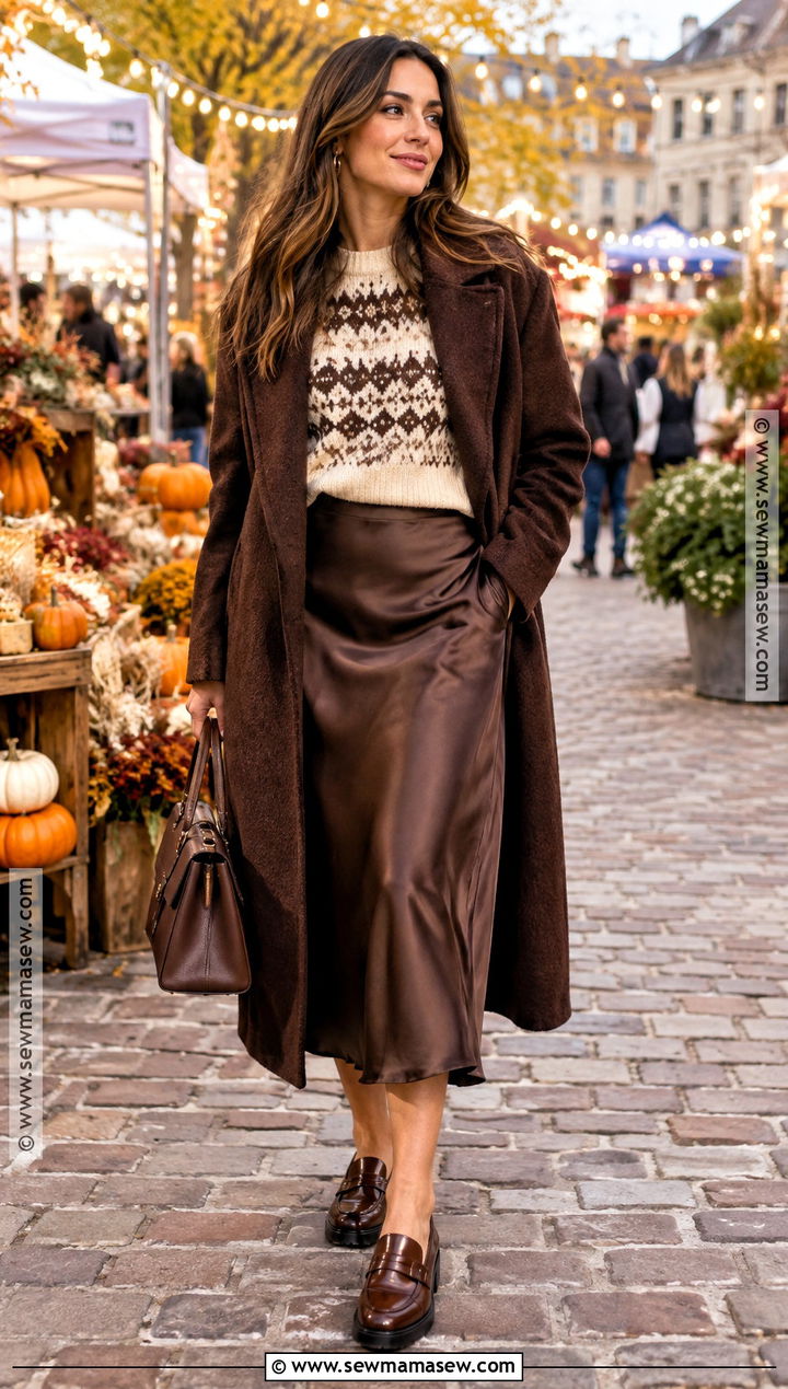 Fair Isle Sweater And Silk Midi Skirt Outfit - 25 fall evening outfit ideas