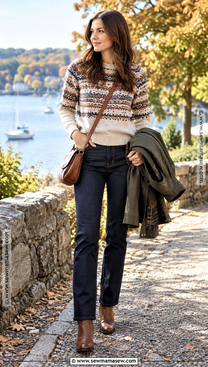 Fair Isle Sweater And Straight Jeans Fall Outfit - 30 fall outfits