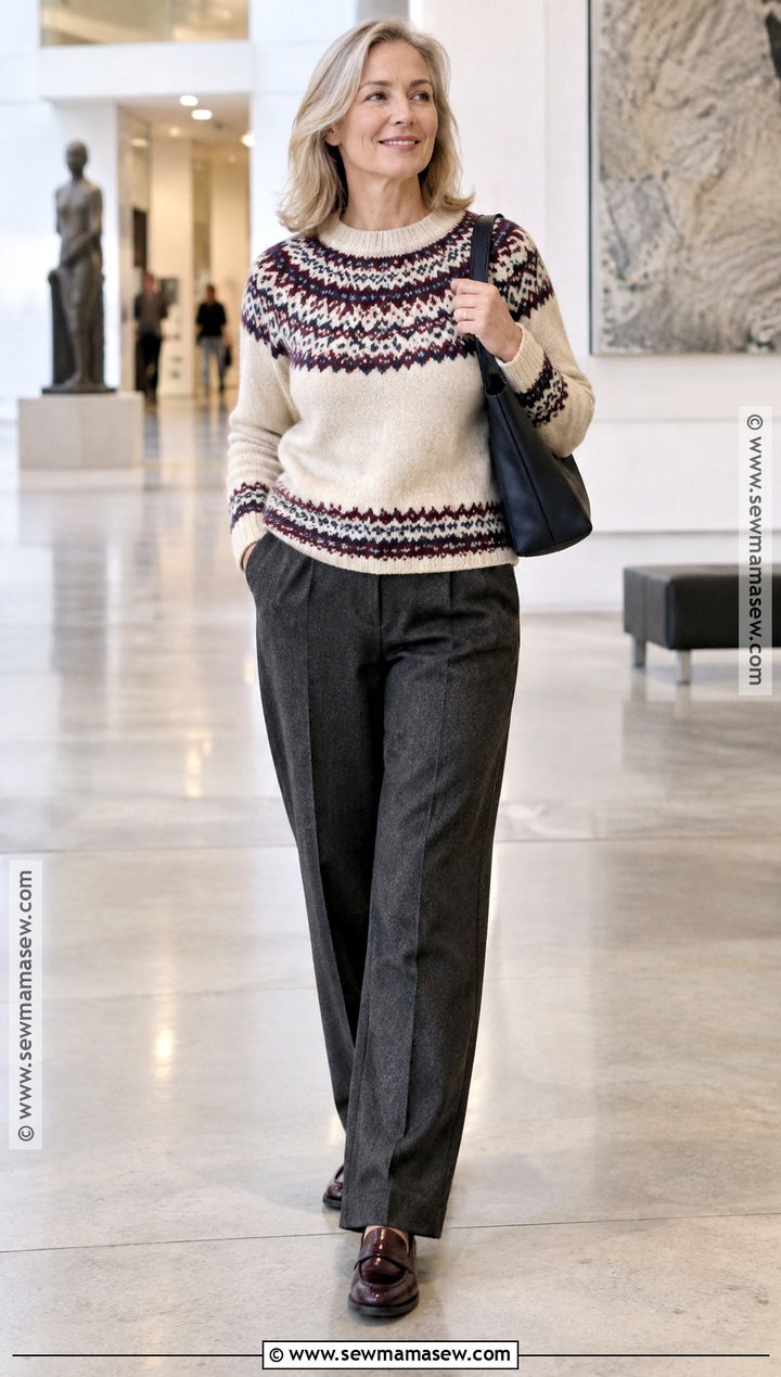 Fair Isle Sweater And Wool Pants Fall Outfit - 20 Fall Fashion Over 60 Ideas for Women