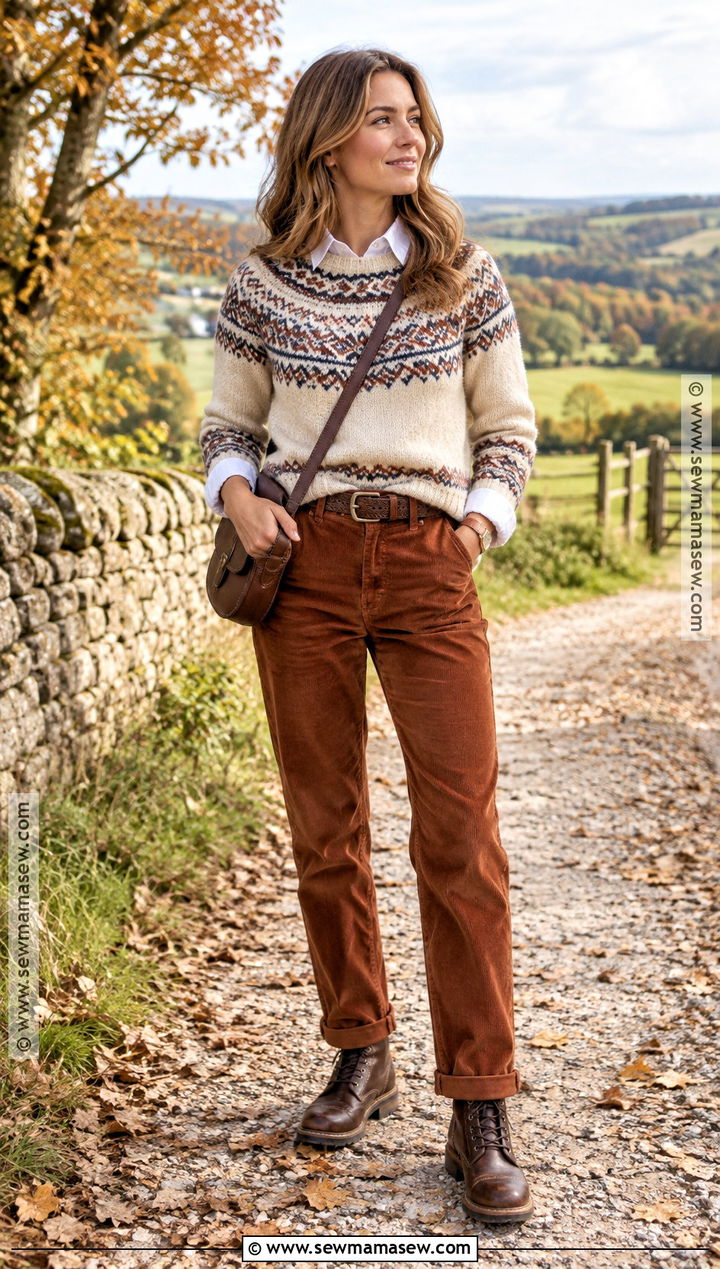 Fair Isle Sweater Fall Outfit With Corduroy Pants - 15 chic fall fashion ideas