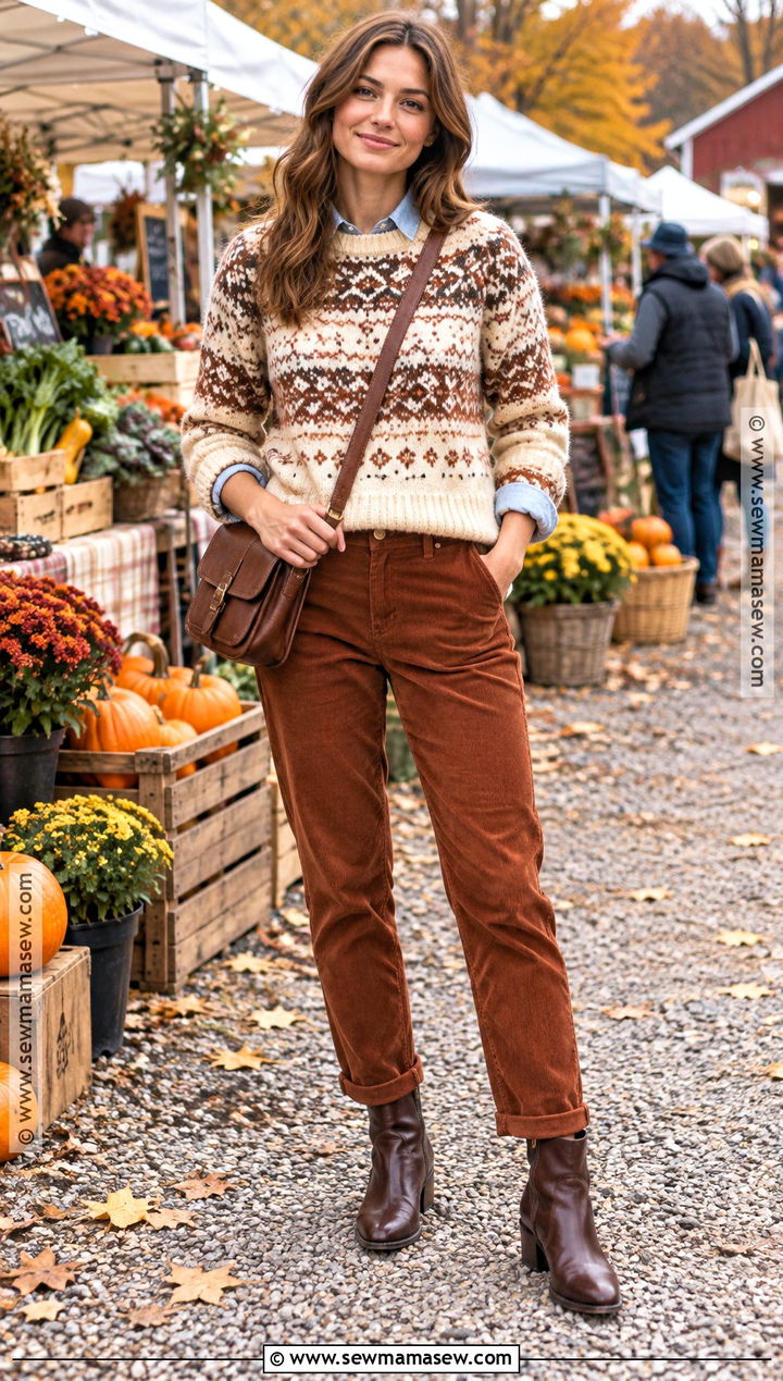 Fair Isle Sweater With Corduroy Pants - 25 Cute Fall Sweaters
