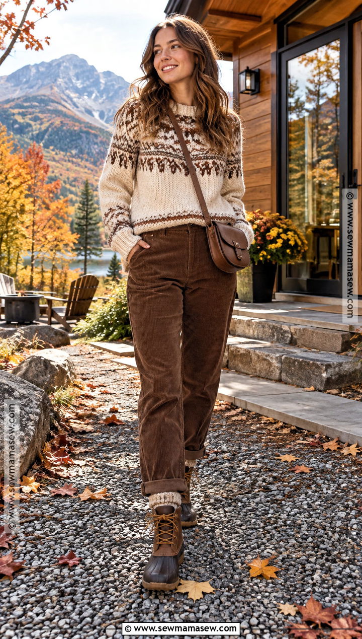 Fair Isle Sweater With Corduroy Pants And Ankle Boots - 20 fall weekend getaway outfits