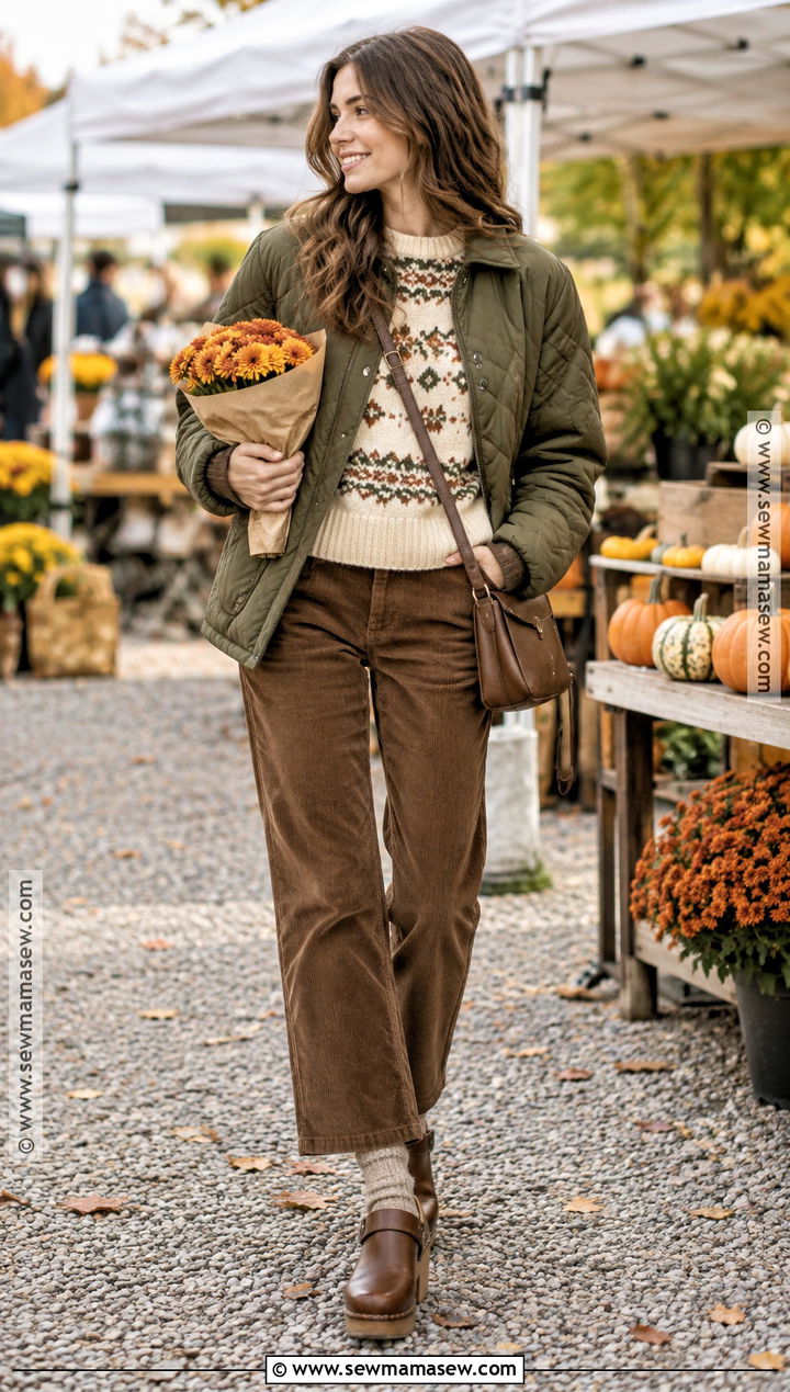 Fair Isle Sweater With Corduroy Pants And Clogs - 20 Fall Sweaters Outfits