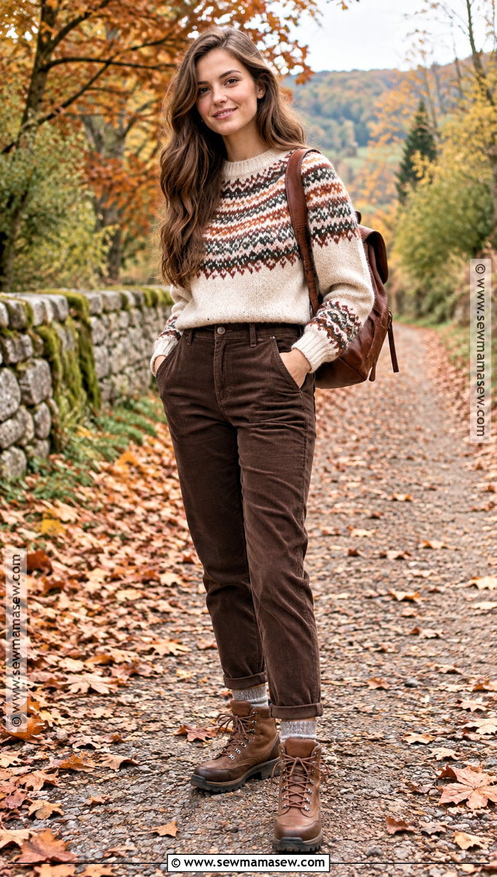 Fair Isle Sweater With Corduroy Pants And Hiking Boots - 15 Autumn Themed Knitwear Ideas