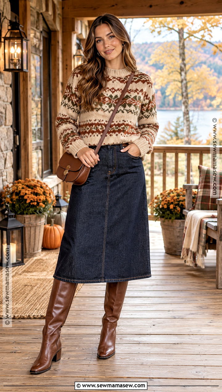 Fair Isle Sweater With Denim Midi Skirt - 20 thanksgiving outfit sweater ideas