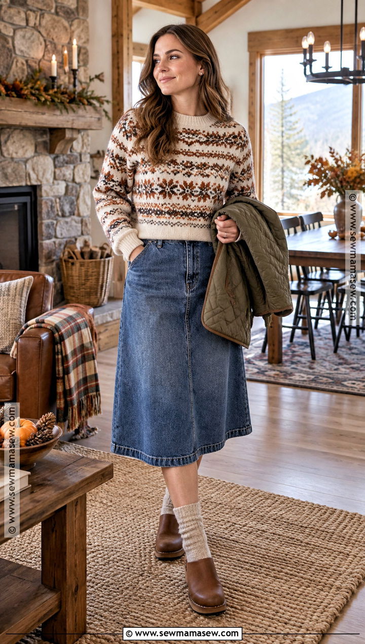 Fair Isle Sweater With Jean Midi Skirt And Clogs - 20 thanksgiving outfit jean skirt ideas