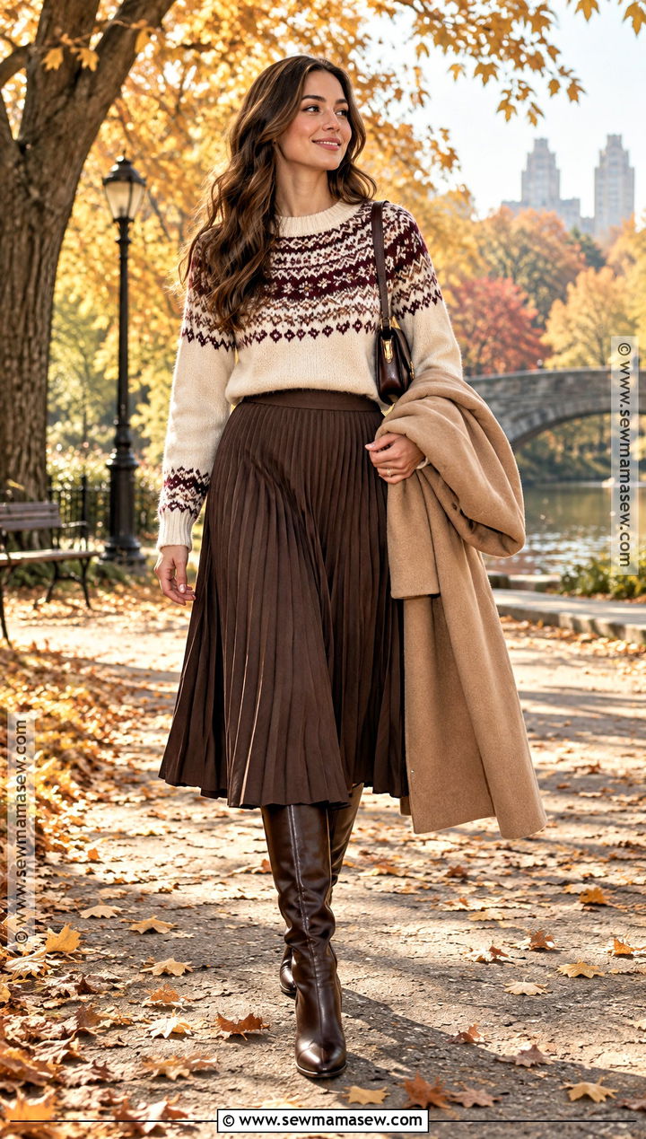 Fair Isle Sweater With Midi Skirt And Knee High Boots - 15 ladies fall fashion ideas
