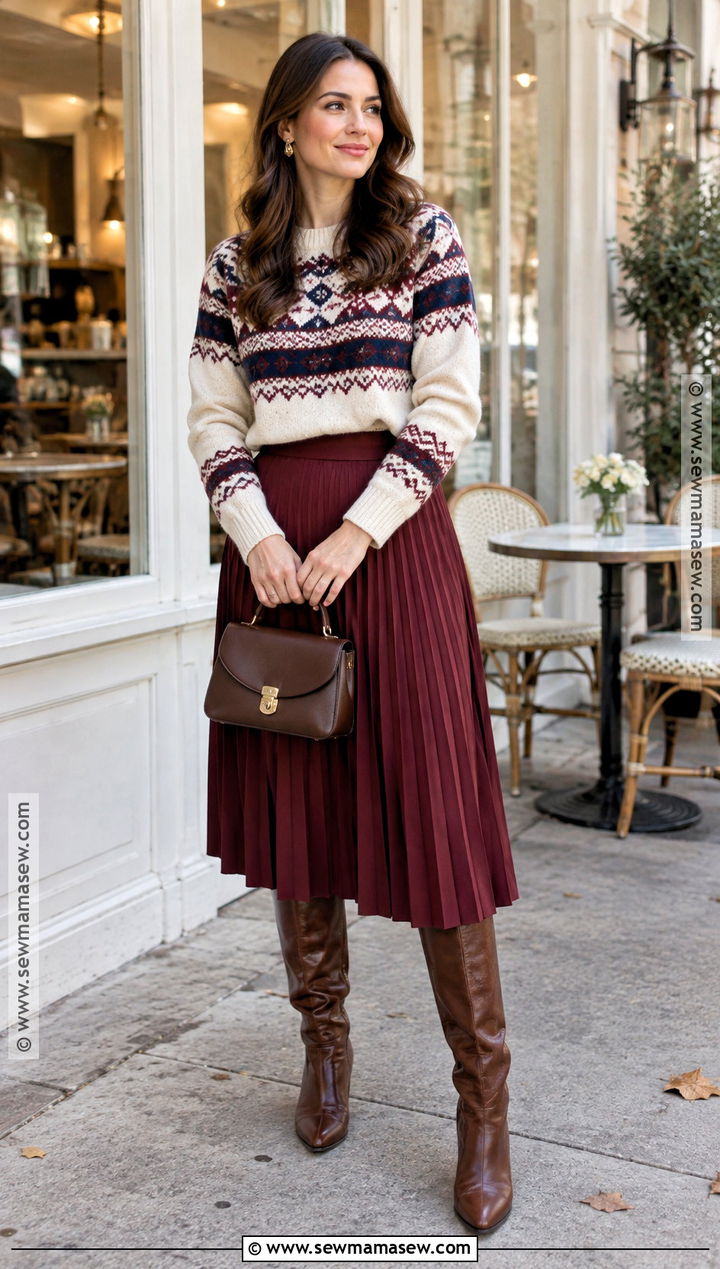 Fair Isle Sweater With Midi Skirt - 15 Chic Fall Outfit Ensemble Ideas