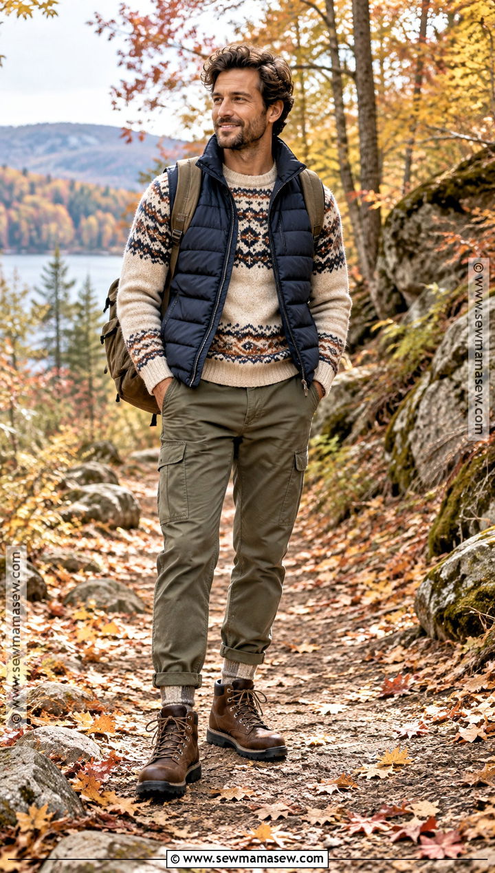 Fair Isle Sweater With Olive Pants And Hiking Boots - 15 fall outfits men autumn sweaters