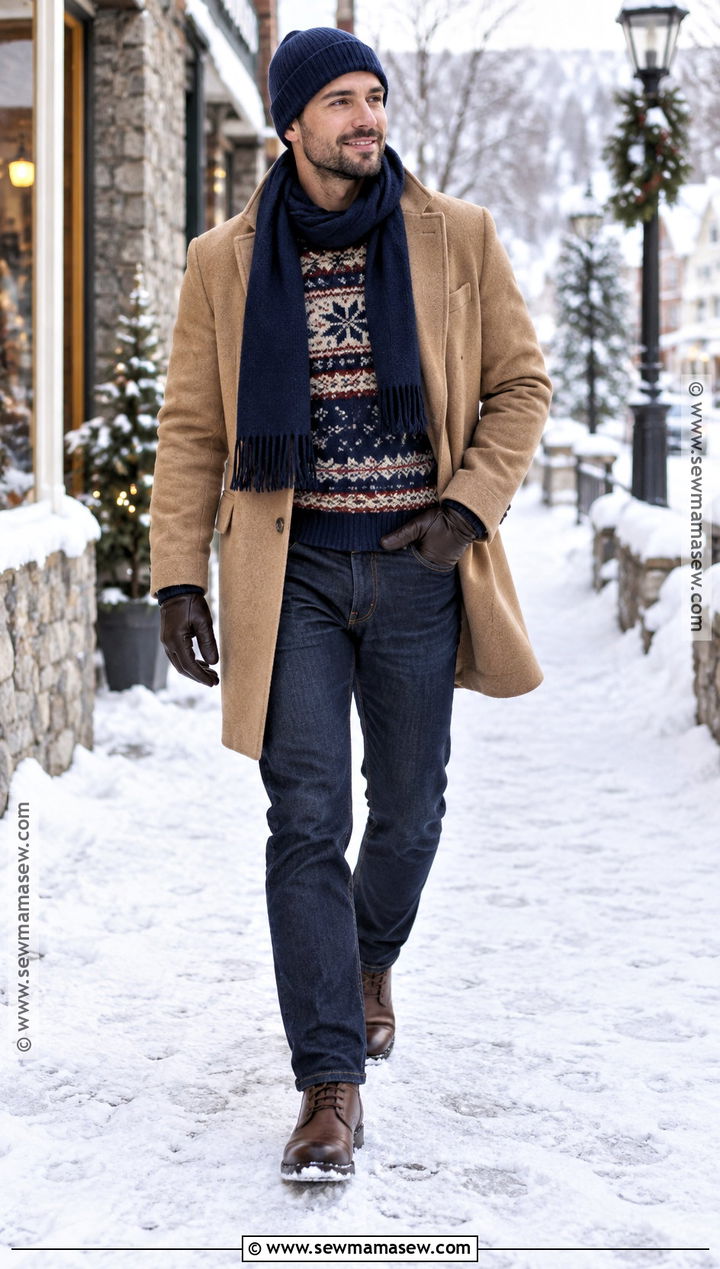 Fair Isle Sweater With Wool Coat And Jeans - 20 fall winter outfits for men