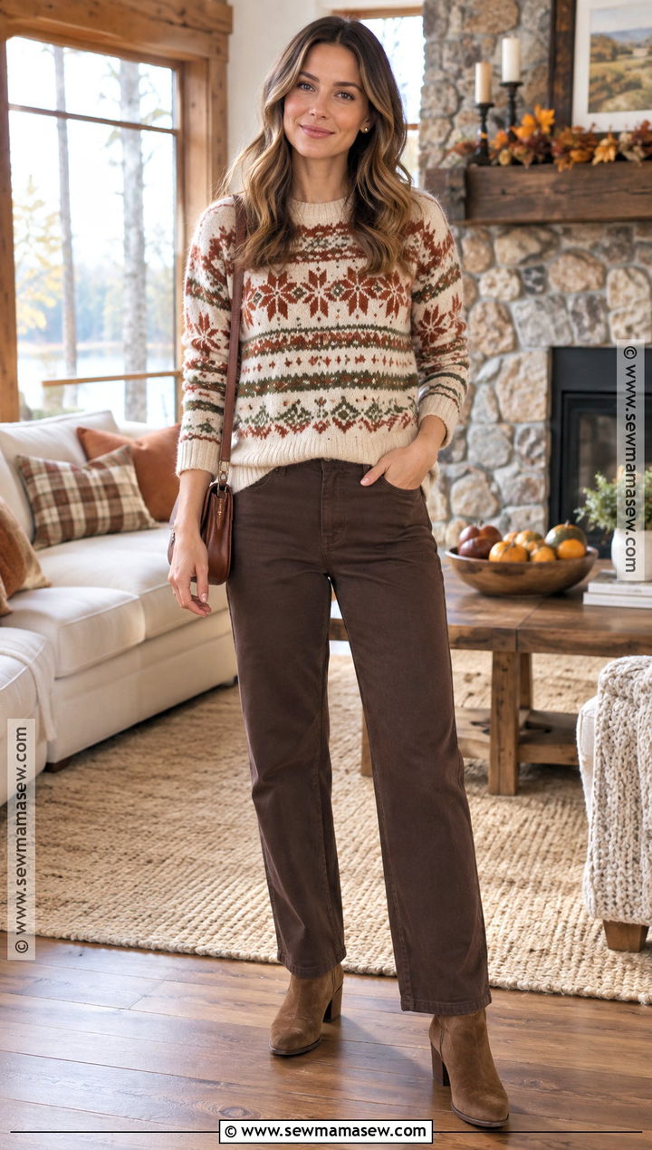 Fair Isle Sweater and Brown Pants Thanksgiving Outfit - 20 thanksgiving outfit with pants