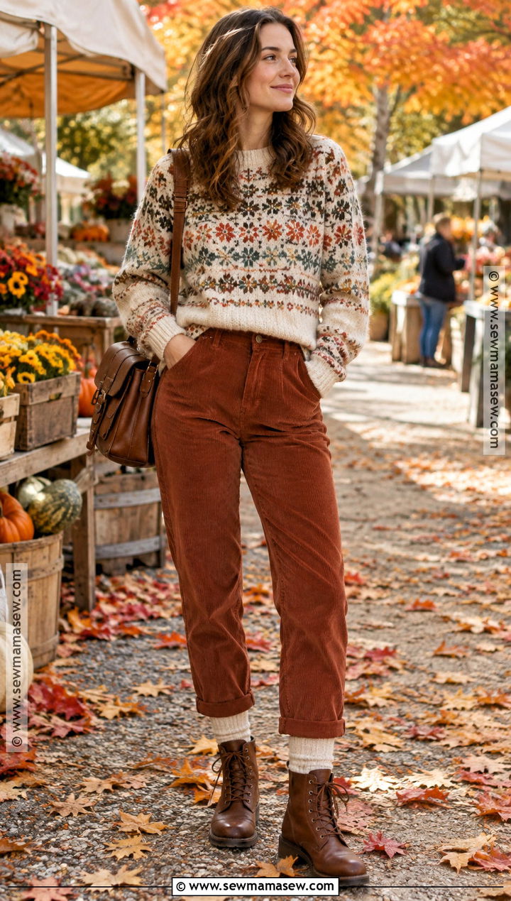Fair Isle Sweater and Corduroy Pants - 25 sweater weather aesthetic ideas