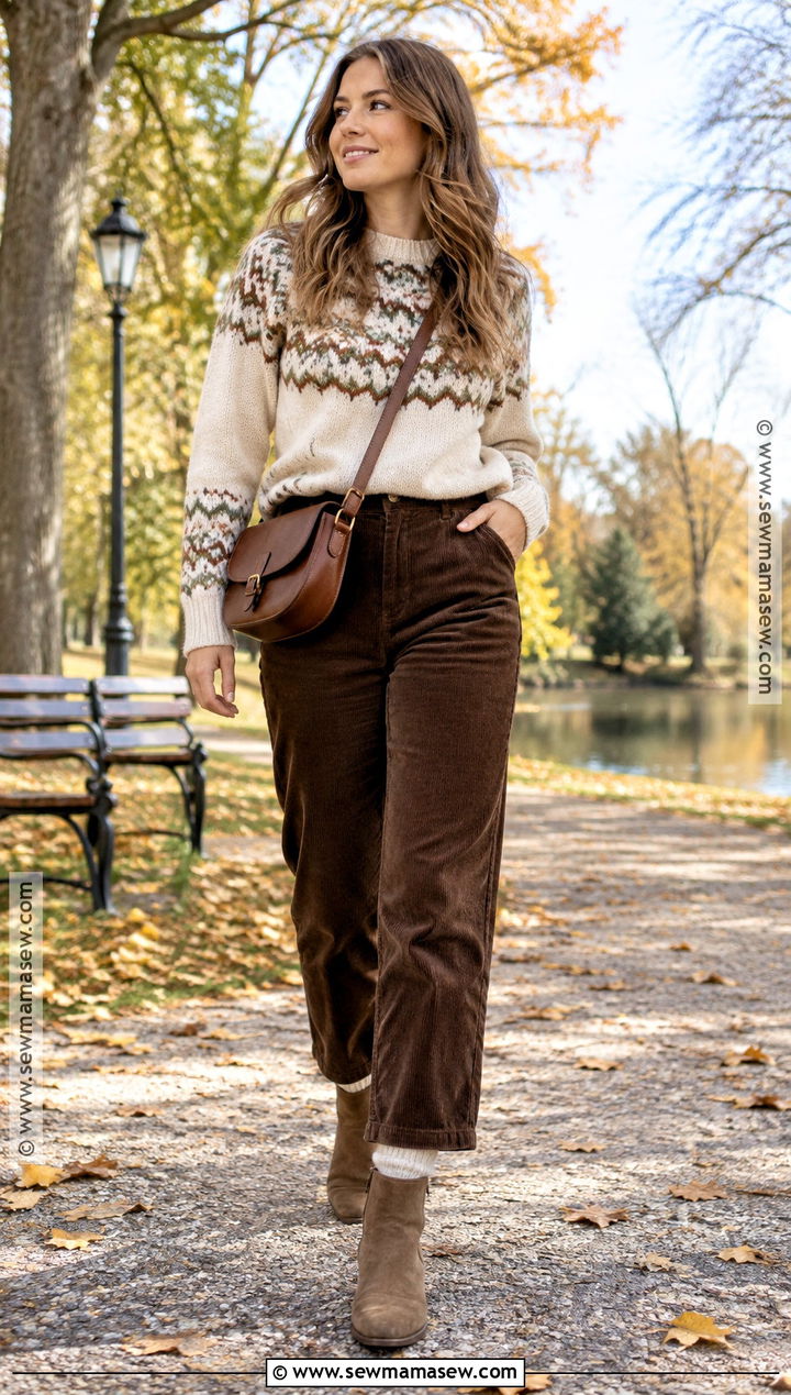 Fair Isle Sweater and Corduroy Pants Fall Outfit - 25 trendy fall outfits
