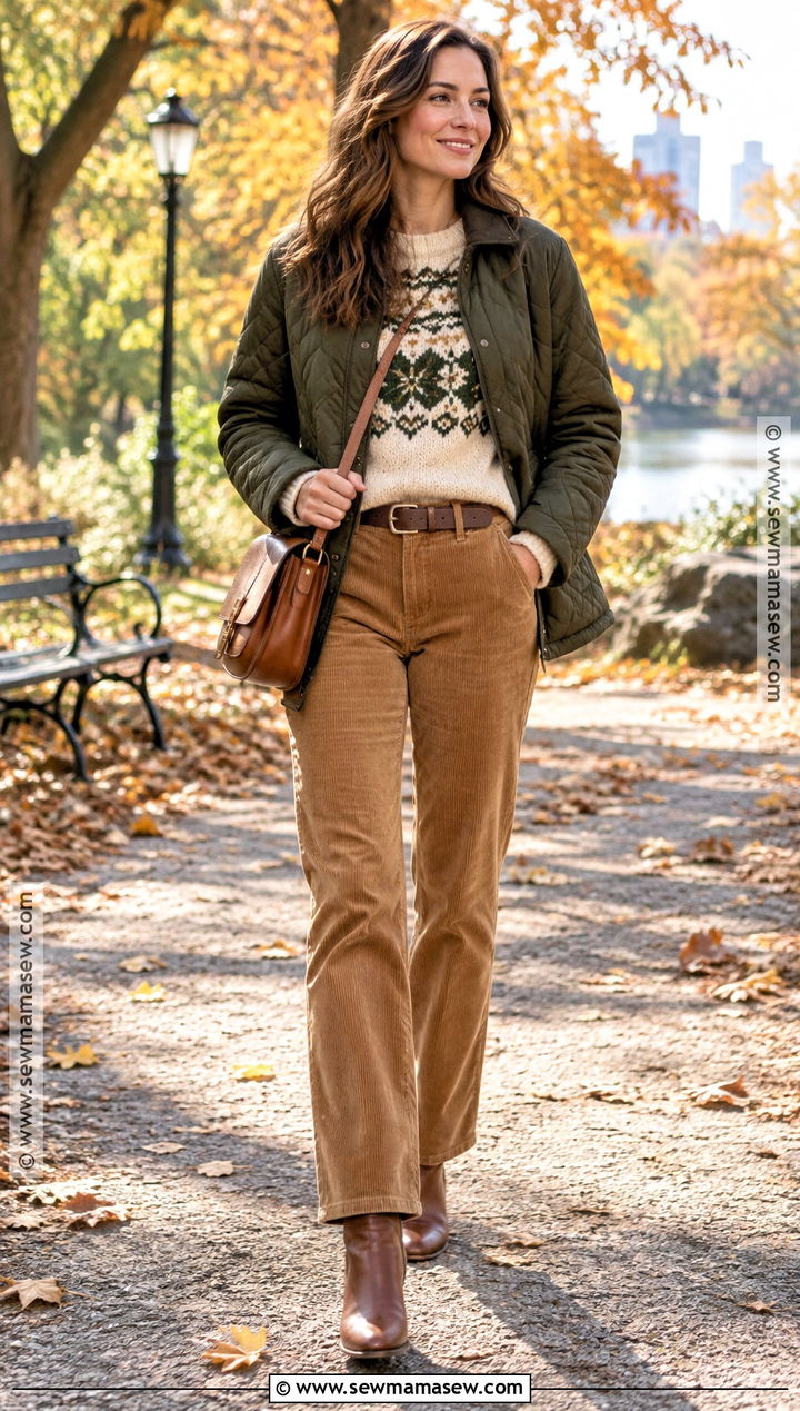 Fair Isle Sweater and Corduroy Pants Fall Outfit - 20 Classic Fall Fashion Ideas