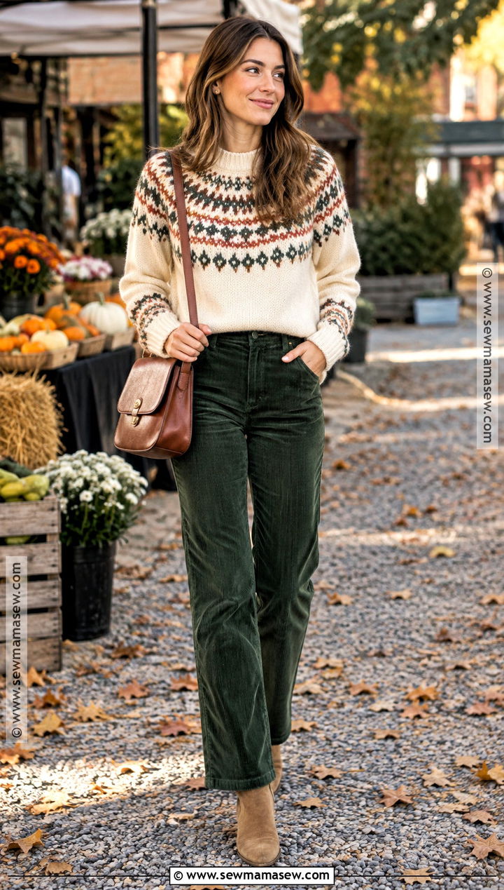 Fair Isle Sweater and Corduroy Pants Fall Outfit - 20 perfect fall outfit ideas