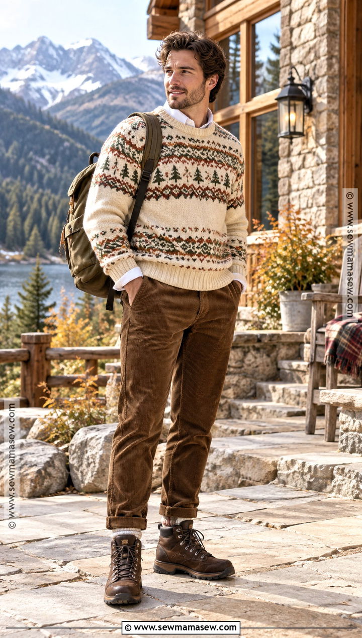Fair Isle Sweater and Corduroy Pants Fall Outfit - 15 cute fall outfits for men