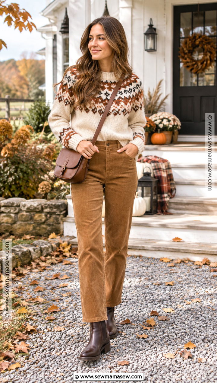 Fair Isle Sweater and Corduroy Pants Thanksgiving Outfit - 15 thanksgiving outfits ideas for women