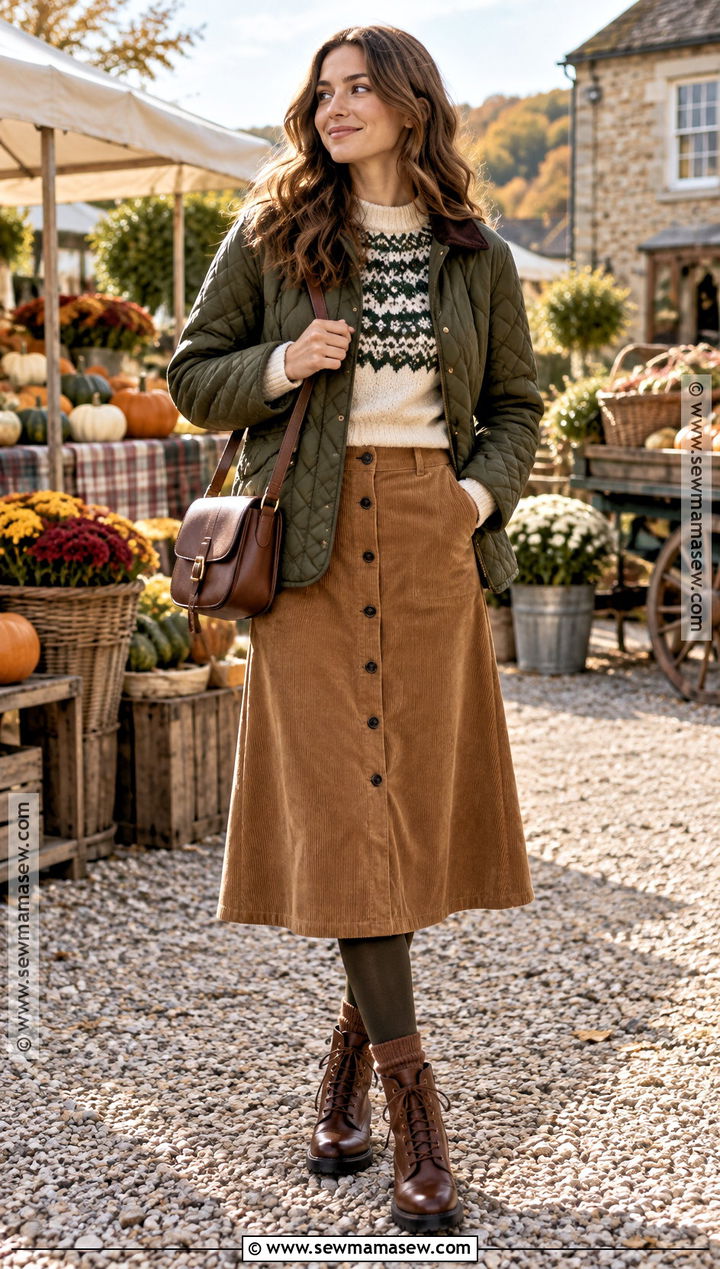 Fair Isle Sweater and Corduroy Skirt Outfit - 20 sweater skirt outfit fall ideas
