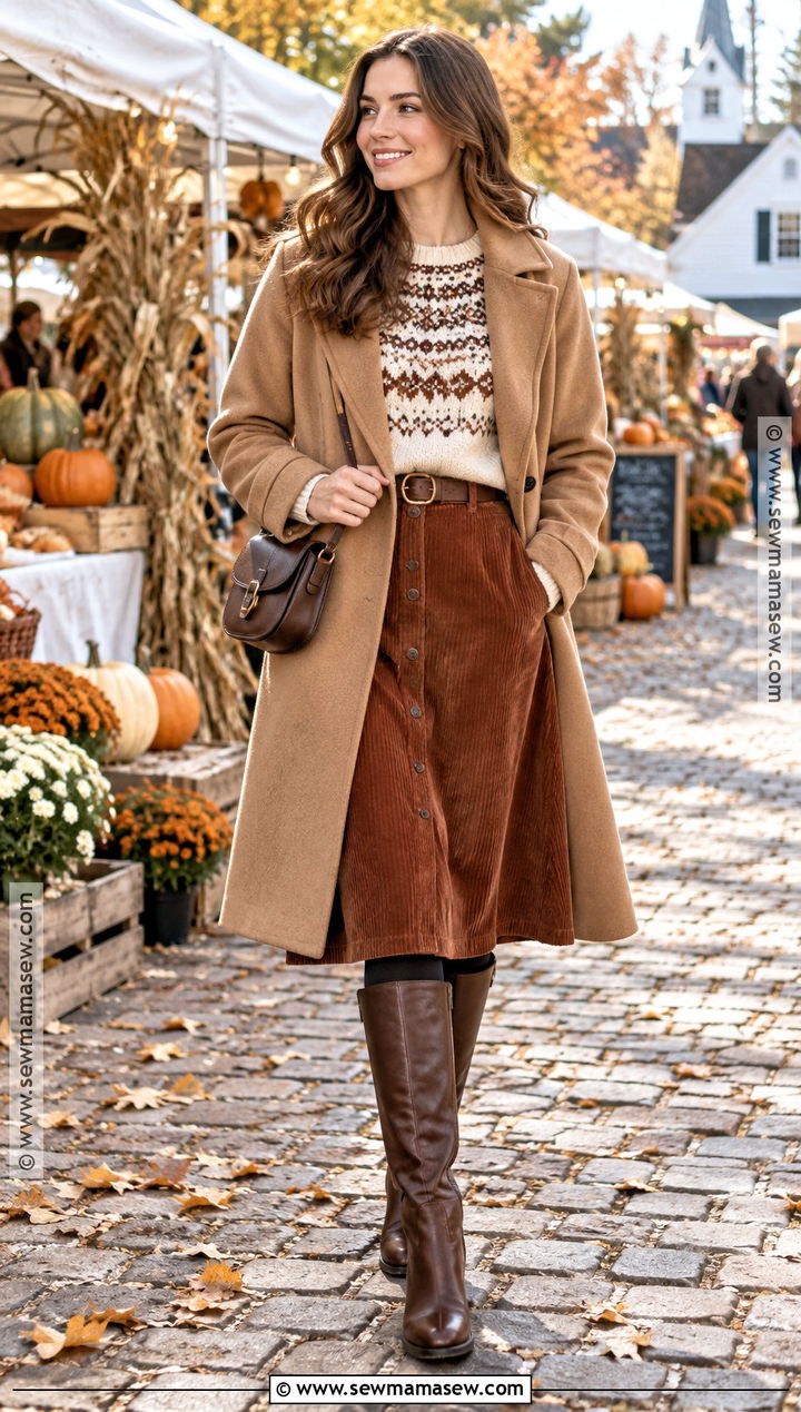 Fair Isle Sweater and Corduroy Skirt Outfit - 30 fall winter outfits