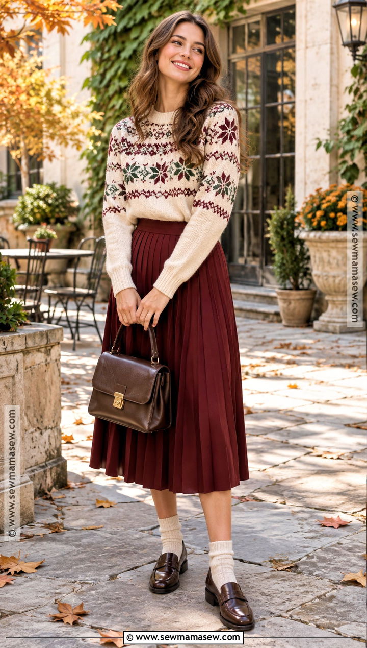 Fair Isle Sweater and Midi Skirt Fall Outfit - 25 cute fall clothes