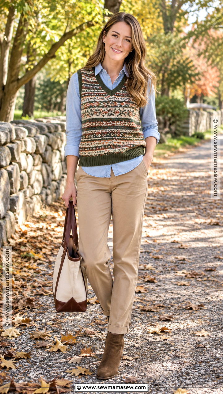 Fair Isle Vest Outfit With Chambray Shirt And Chinos - 20 fall outfits vest