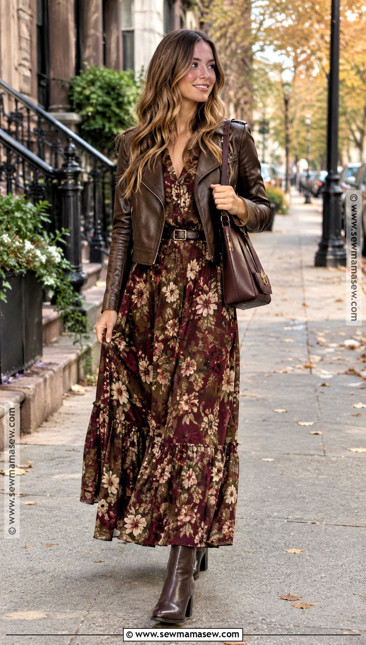 Fall 2023 Floral Maxi Dress And Leather Jacket Outfit - 15 Fall 2026 Fashion Trends