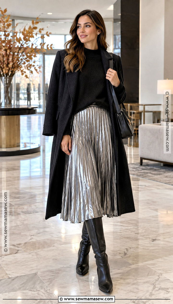 Fall 2023 Metallic Skirt And Knit Sweater Outfit - 15 fashion week fall ideas 2026