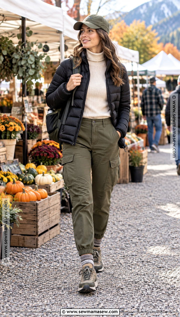 Fall Adventure Travel Outfit With Cargo Pants and a Quilted Jacket - 20 travel outfits fall