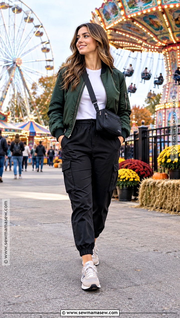 Fall Amusement Park Bomber Jacket And Cargo Joggers Outfit - 15 amusement park outfit fall ideas