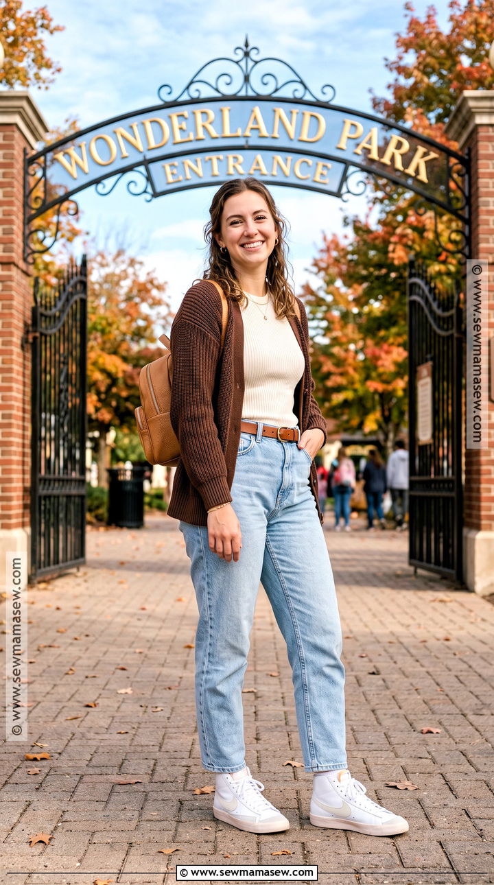 Fall Amusement Park Cardigan And Mom Jeans Outfit - 15 amusement park outfit fall ideas