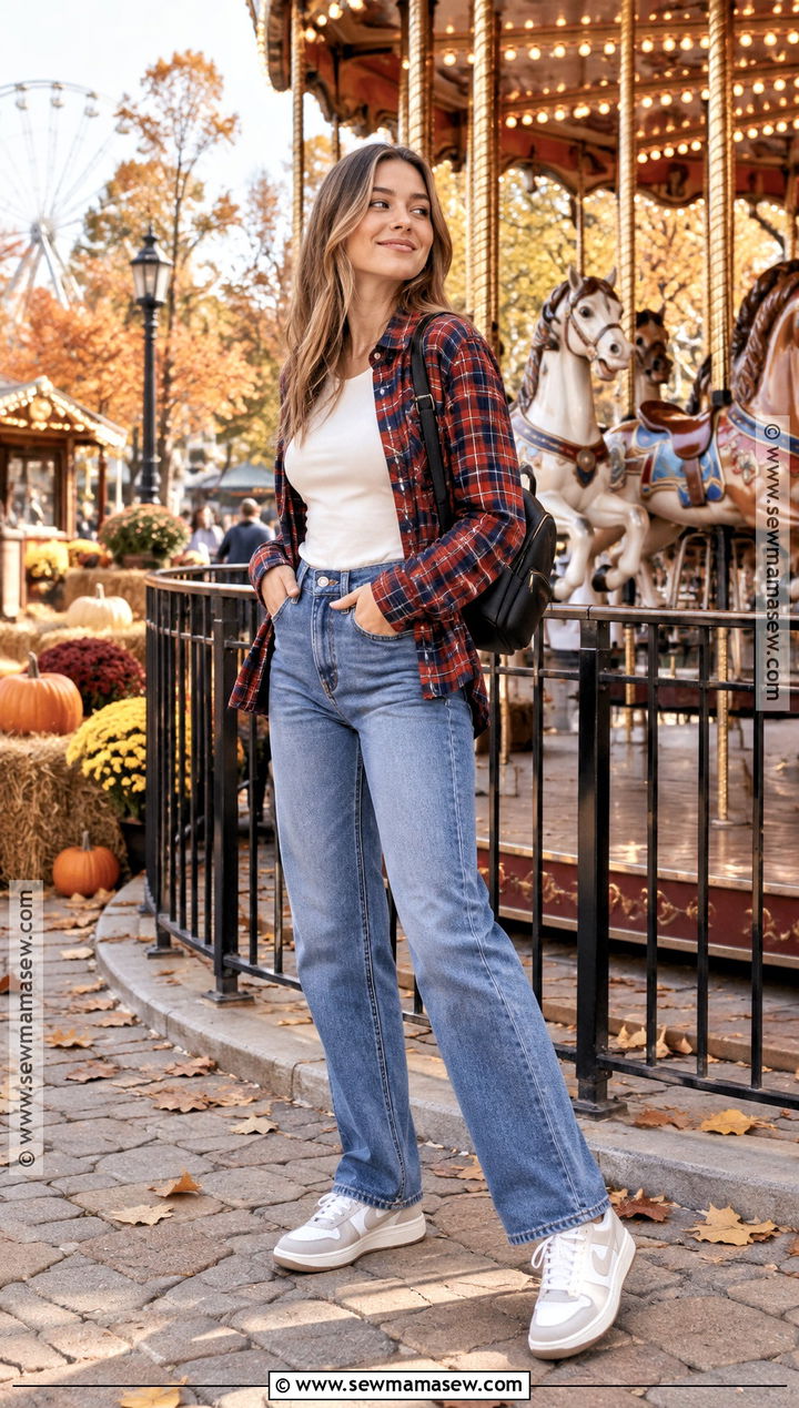 Fall Amusement Park Flannel And Straight Leg Jeans Outfit - 15 amusement park outfit fall ideas