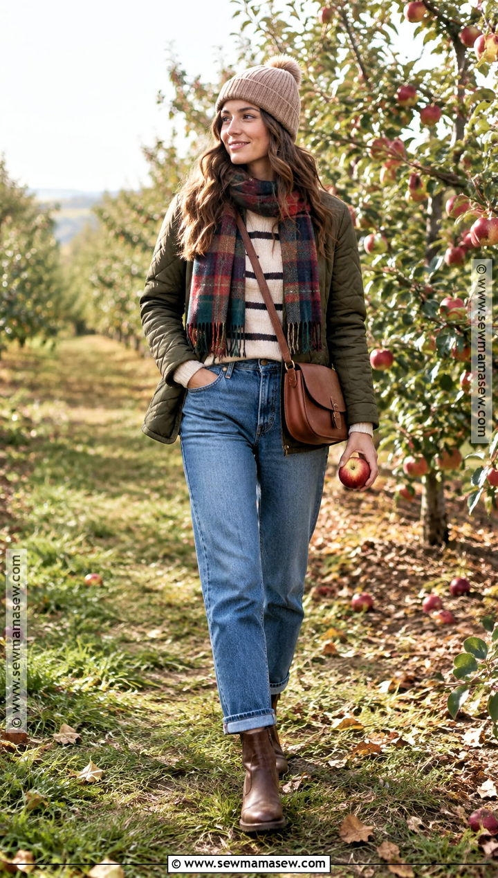 Fall Apple Picking Outfit With Quilted Jacket and Jeans - 20 fall outdoorsy outfits