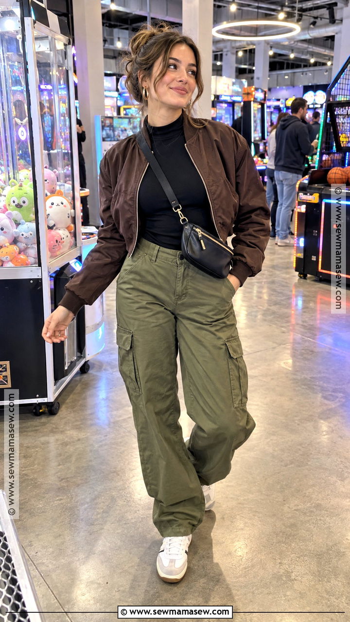 Fall Arcade Date Outfit With Bomber Jacket And Cargo Pants - 20 fall date outfit ideas