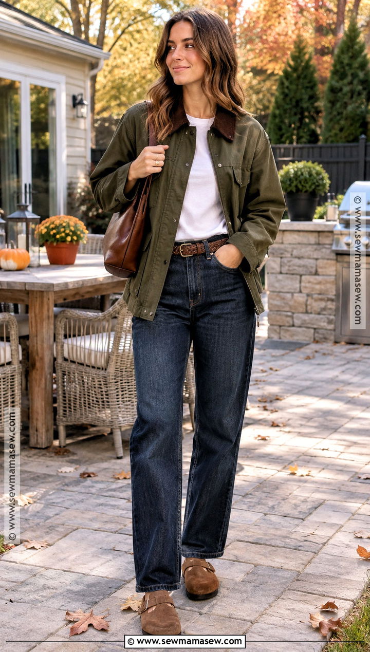 Fall BBQ Outfit With Barn Jacket And Dark Jeans - 15 fall bbq outfit casual ideas