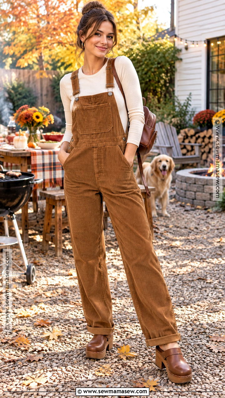 Fall BBQ Outfit With Corduroy Overalls And Clogs - 15 fall bbq outfit casual ideas