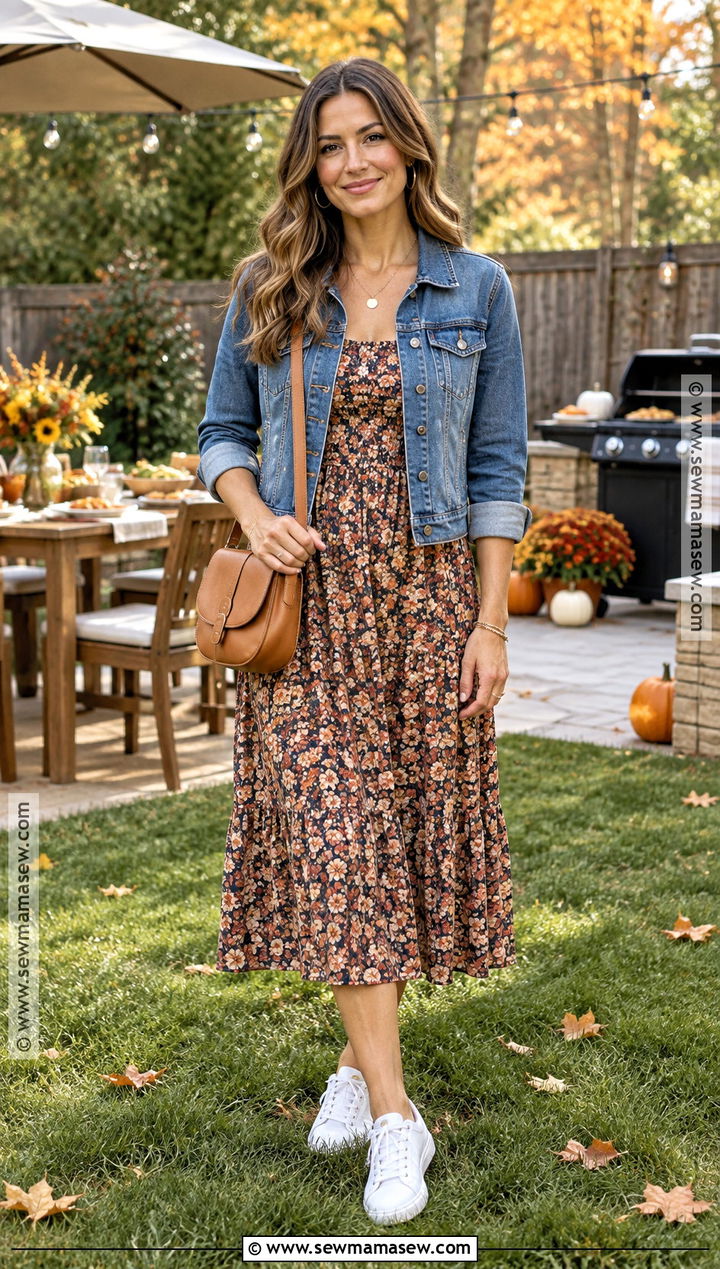 Fall BBQ Outfit With Denim Jacket And Midi Dress - 15 fall bbq outfit casual ideas