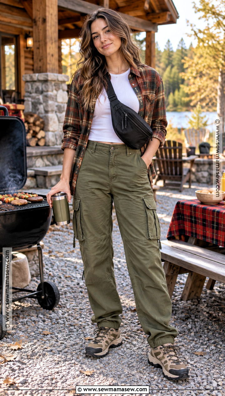 Fall BBQ Outfit With Flannel Shirt And Cargo Pants - 15 fall bbq outfit casual ideas