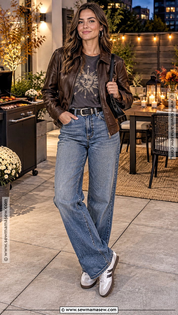 Fall BBQ Outfit With Leather Jacket And Relaxed Jeans - 15 fall bbq outfit casual ideas