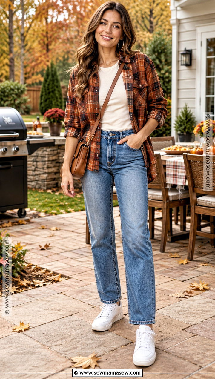 Fall BBQ Outfit With Plaid Shirt And Jeans - 15 fall bbq outfit casual ideas