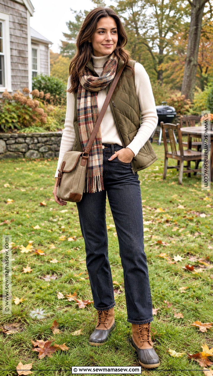 Fall BBQ Outfit With Quilted Vest And Duck Boots - 15 fall bbq outfit casual ideas