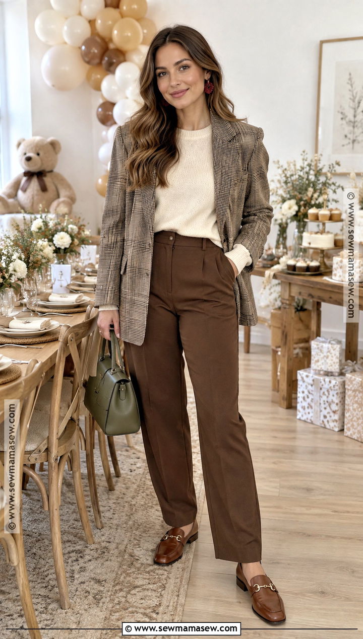 Fall Baby Shower Guest Cream Sweater And Brown Trousers Outfit - 25 fall baby shower outfit for guest ideas