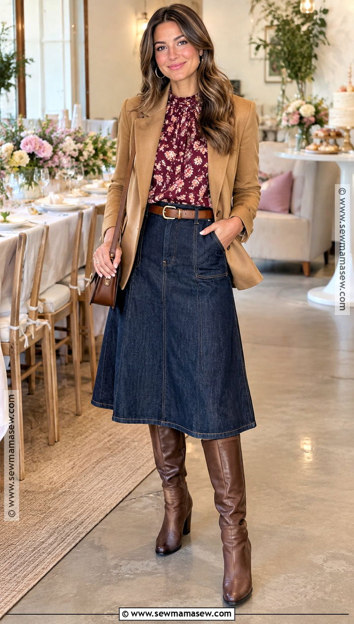 Fall Baby Shower Guest Denim Midi Skirt Outfit - 25 fall baby shower outfit for guest ideas
