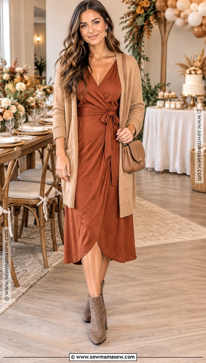 Fall Baby Shower Guest Rust Midi Dress Outfit - 25 fall baby shower outfit for guest ideas