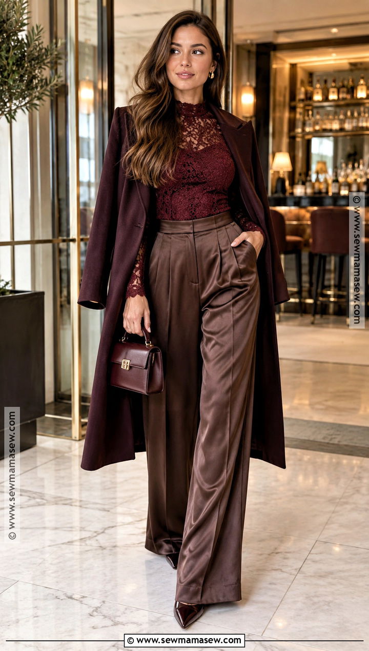 Fall Bar Outfit With A Lace Top And Satin Trousers - 25 fall going out outfits bar