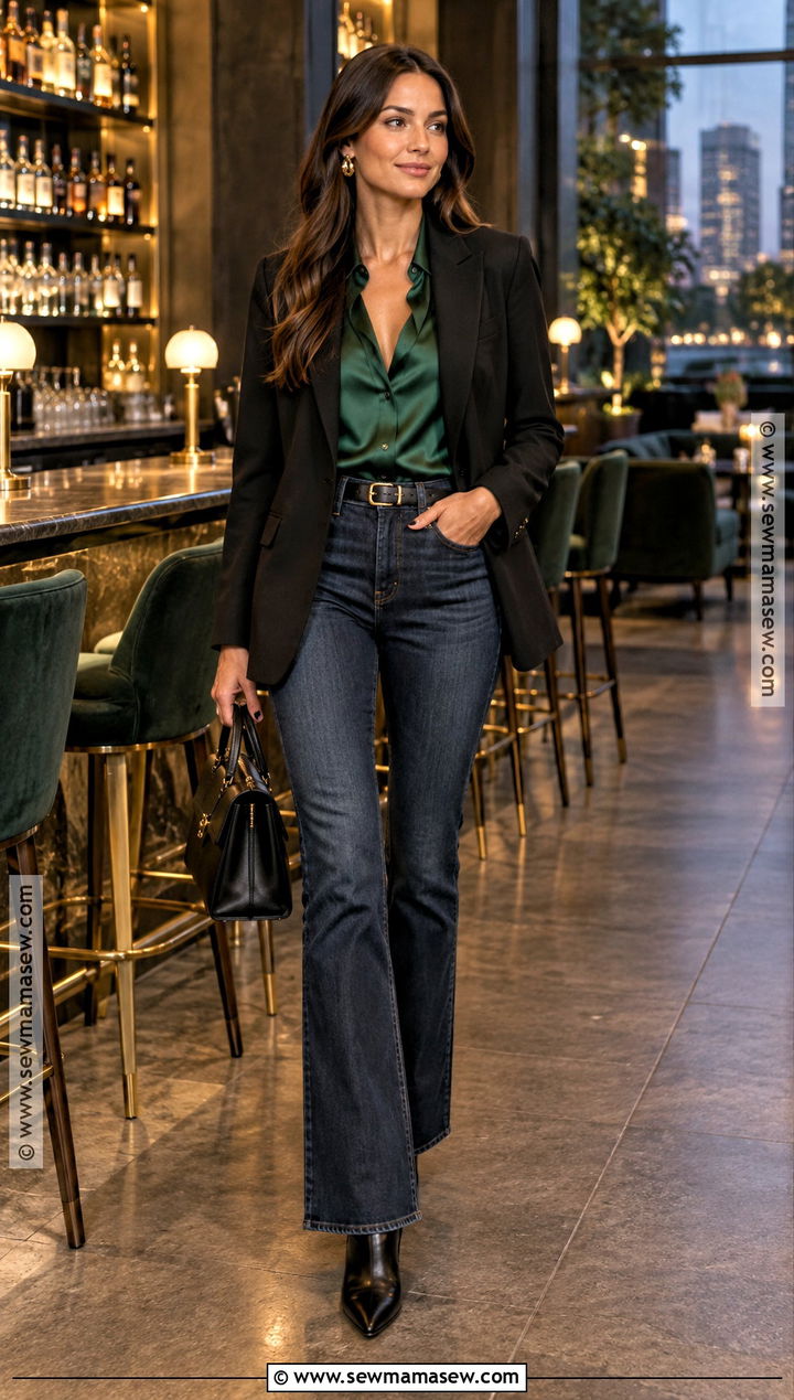 Fall Bar Outfit With A Silk Blouse And Dark Jeans - 25 fall going out outfits bar