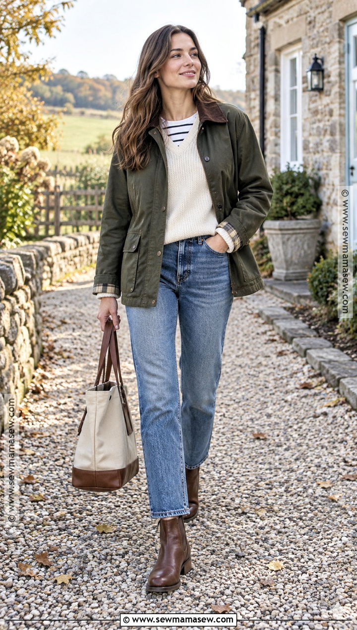 Fall Barn Jacket Outfit With Sweater And Jeans - 25 Fall Layering Ideas