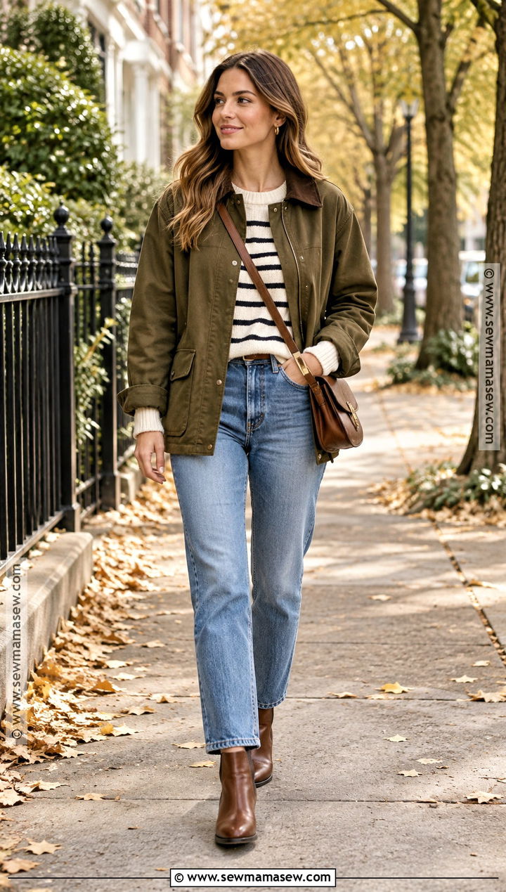 Fall Barn Jacket With Striped Sweater - 25 fall looks for women outfit ideas