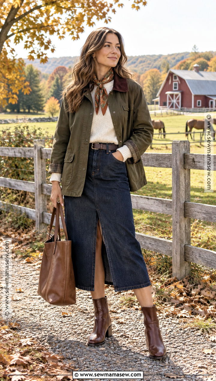 Fall Barn Jacket With Sweater And Midi Skirt - 30 cute fall outfits