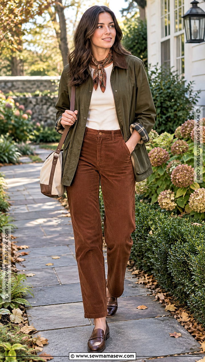 Fall Barn Jacket With T Shirt And Corduroy Pants - 15 Simple But Cute Fall Outfits
